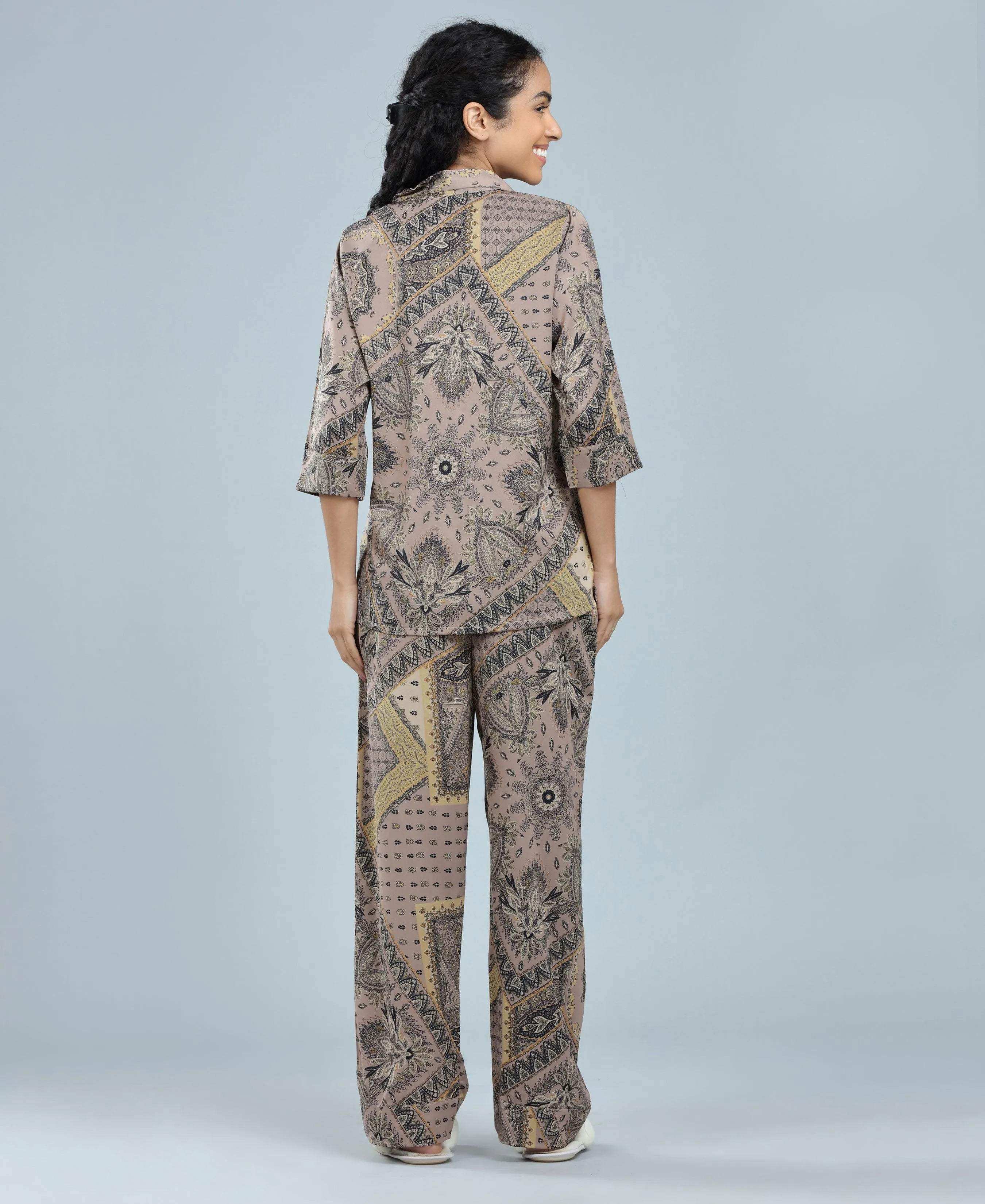 Velure Versatile Paisley Print Satin Night Suit - Velure - - 3/4 Sleeves, Abstract Print, Collar Neck, Front Button Open, Full Length Pant, Satin