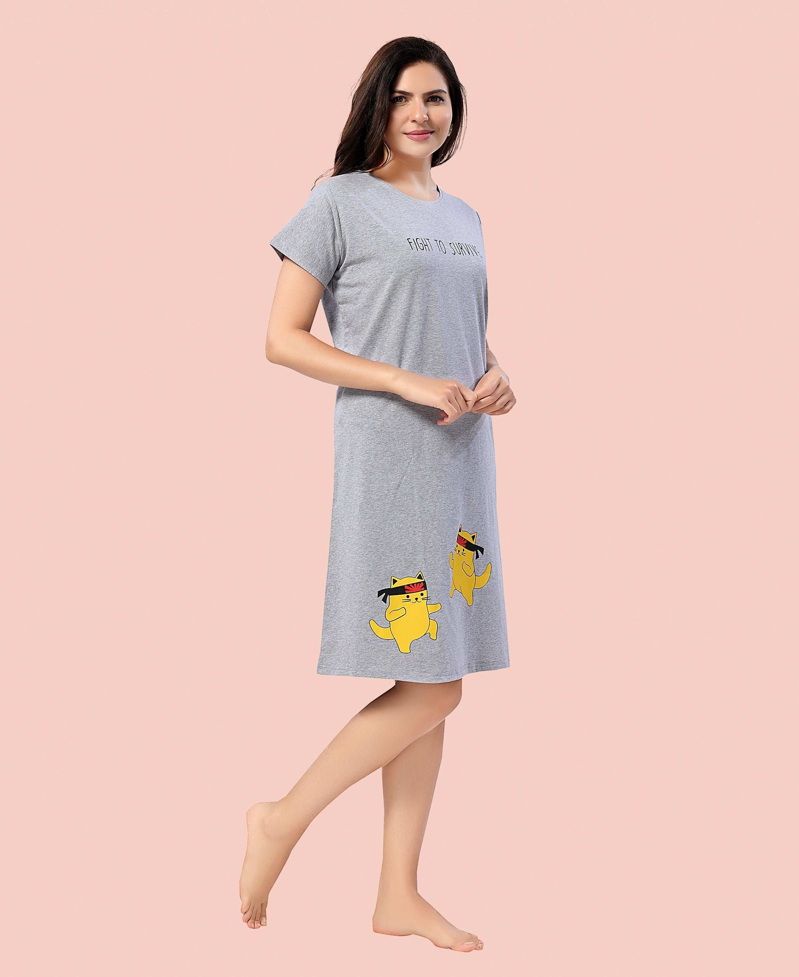 Velure Cheerful Short Nighty - Velure - - Cotton, Half Sleeves, Knee Length, Printed, Round neck