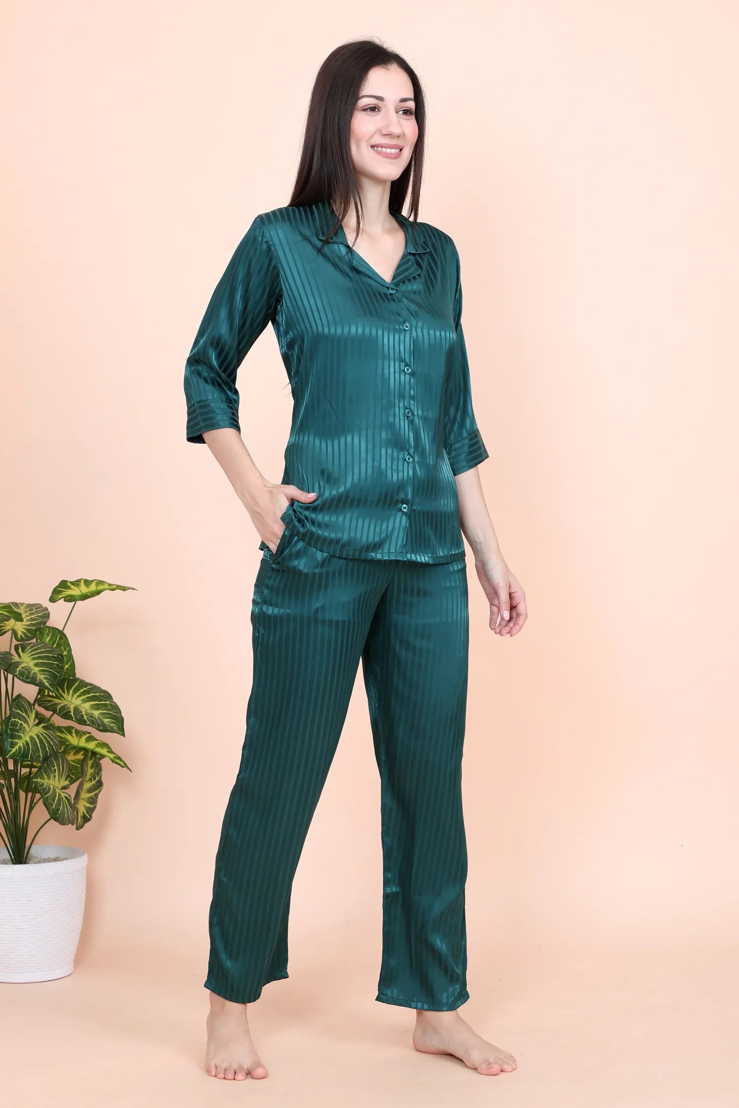 Velure Green Casual Stripes Satin Night Suit - Velure - - 3/4 Sleeves, Collar Neck, Front Button Open, Full Length Pant, Printed, Satin