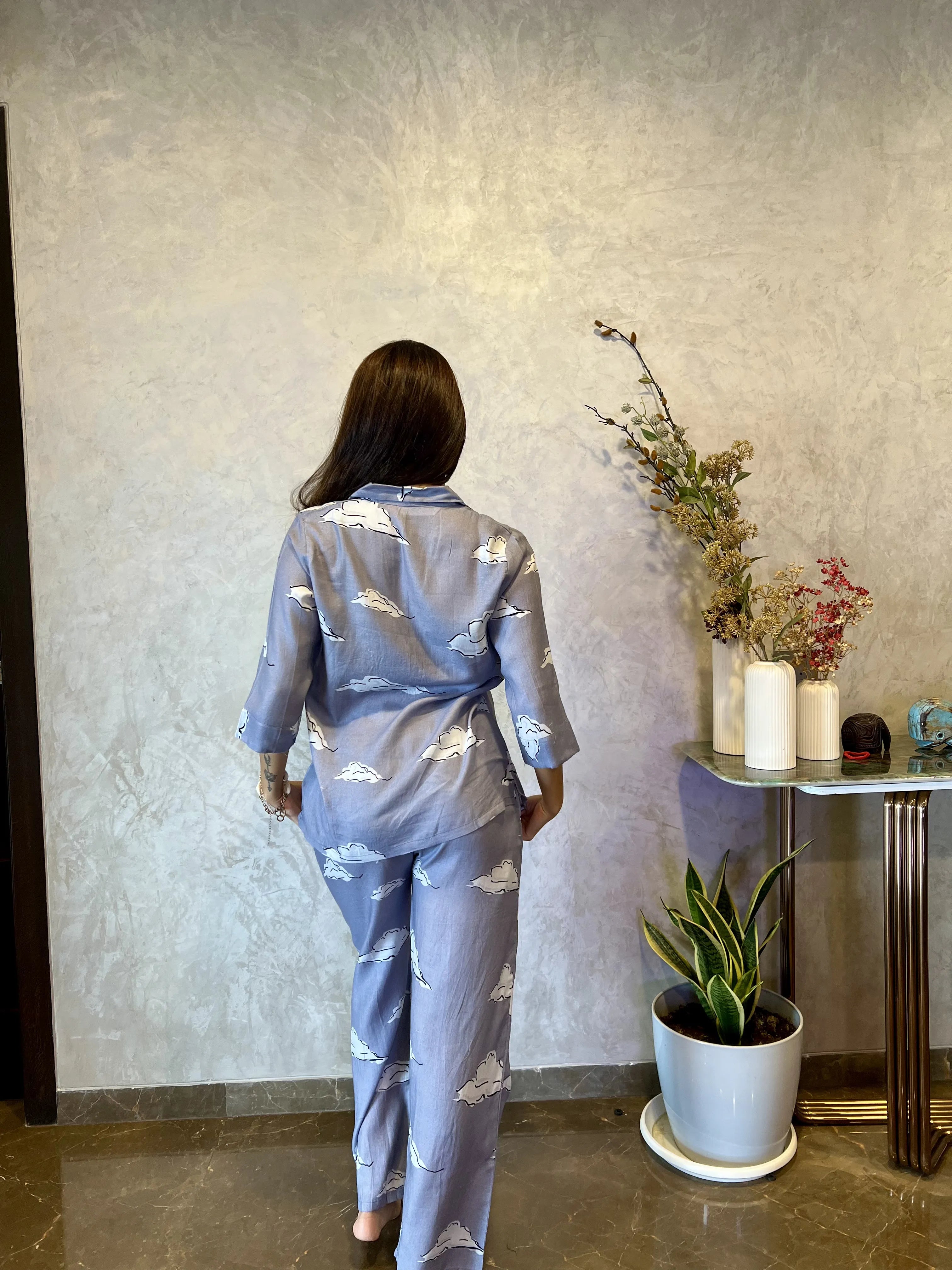 Velure Grey Cloud Print Cotton Night Suit