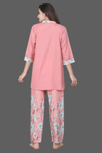Velure Embellished Floral Print Kurti Style Night Suit - Velure - - 3/4 Sleeves, Collar Neck, Full Length Pant, Linen, Printed