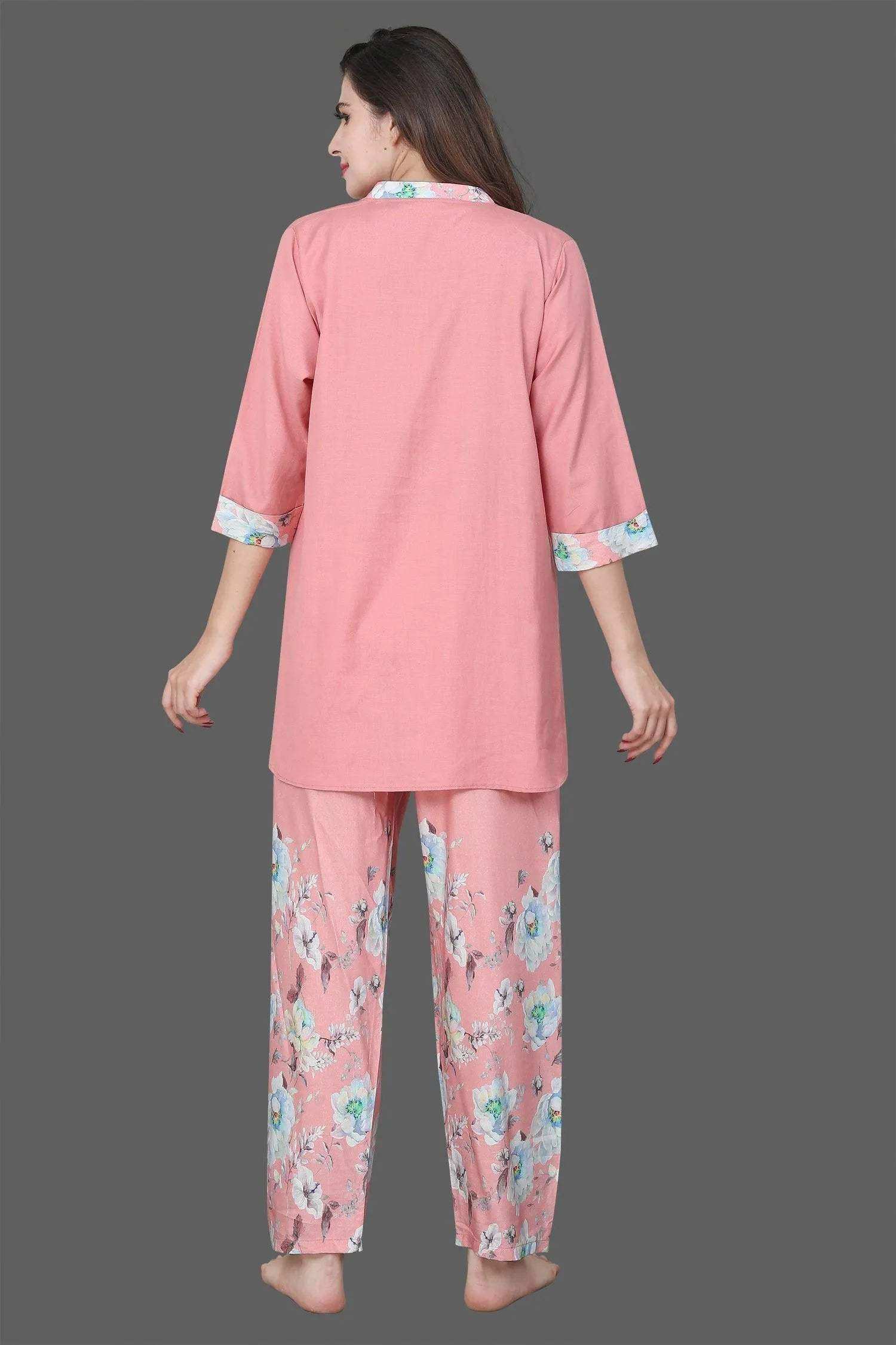 Velure Embellished Floral Print Kurti Style Night Suit - Velure - - 3/4 Sleeves, Collar Neck, Full Length Pant, Linen, Printed