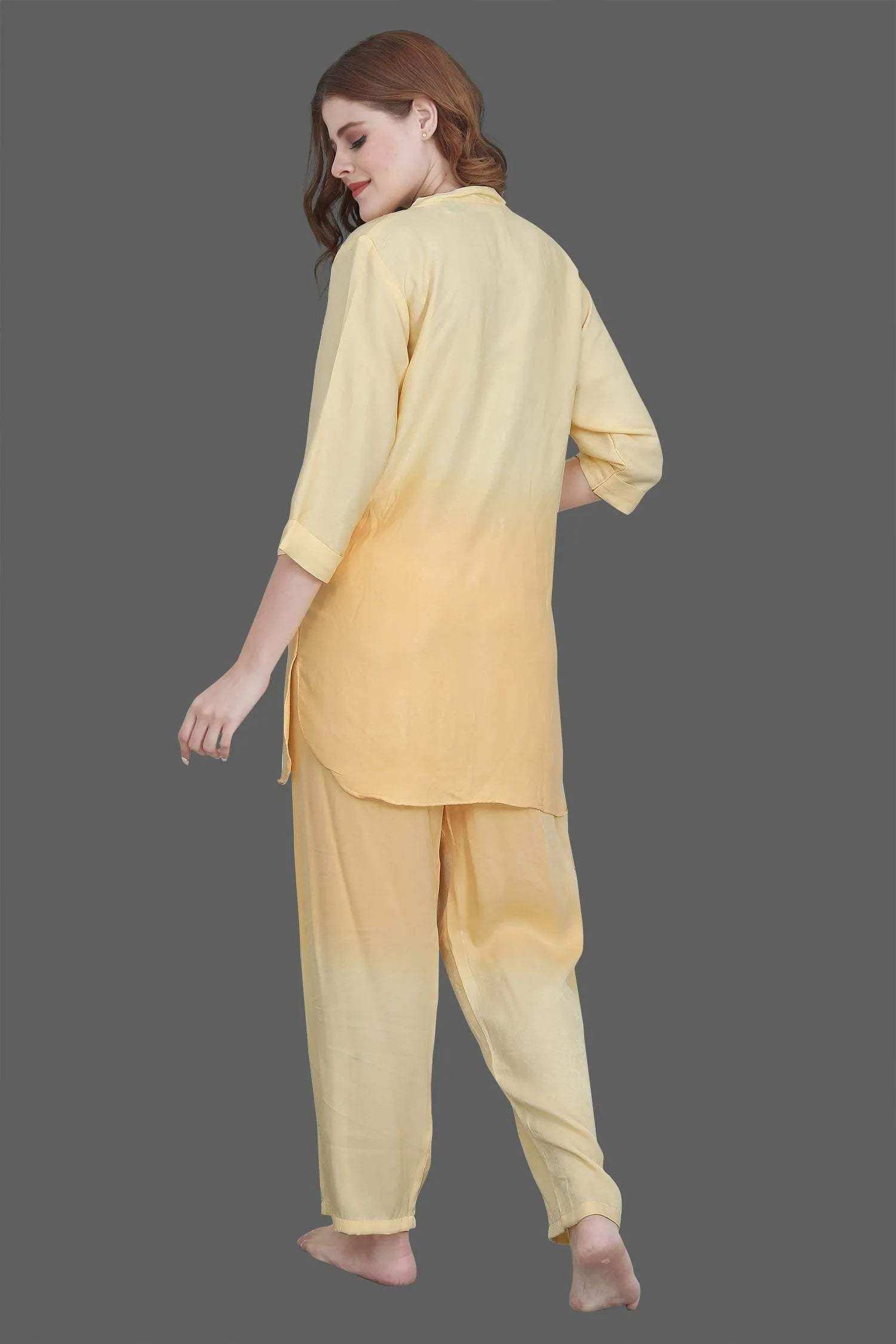Velure Yellow Dual Shade Kurti Style Night Suit - Velure - - 3/4 Sleeves, Collar Neck, Cotton, Full Length Pant