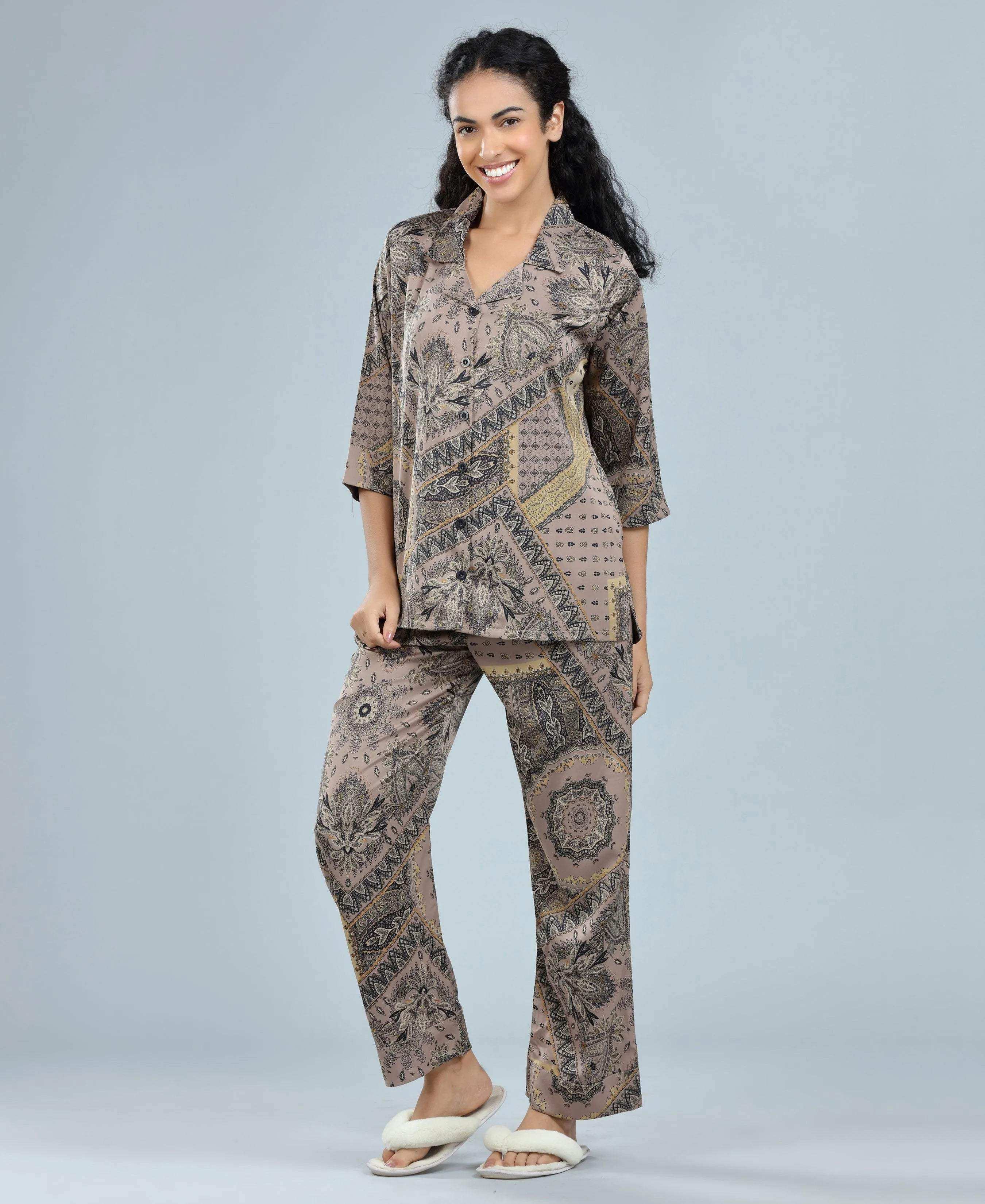 Velure Versatile Paisley Print Satin Night Suit - Velure - - 3/4 Sleeves, Abstract Print, Collar Neck, Front Button Open, Full Length Pant, Satin