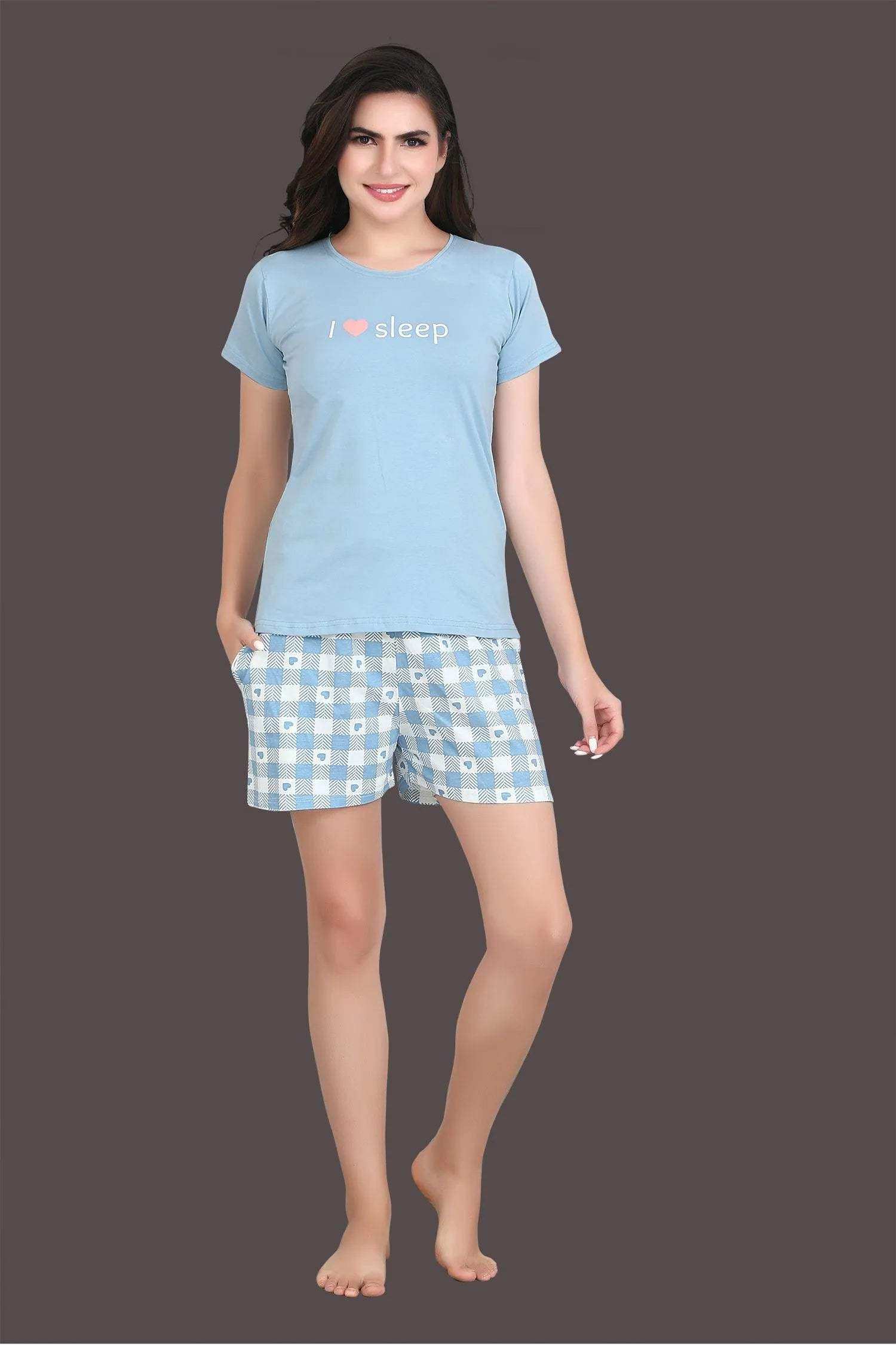 Velure Charming Blue Shorts Set - Velure - - Cotton Lycra Fabric, Half Sleeves, Printed, Round neck