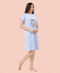 Velure Sleepy Owl Short Nighty - Velure - - Cotton, Half Sleeves, Knee Length, Printed, Round neck