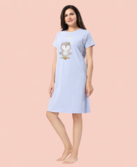 Velure Sleepy Owl Short Nighty - Velure - - Cotton, Half Sleeves, Knee Length, Printed, Round neck