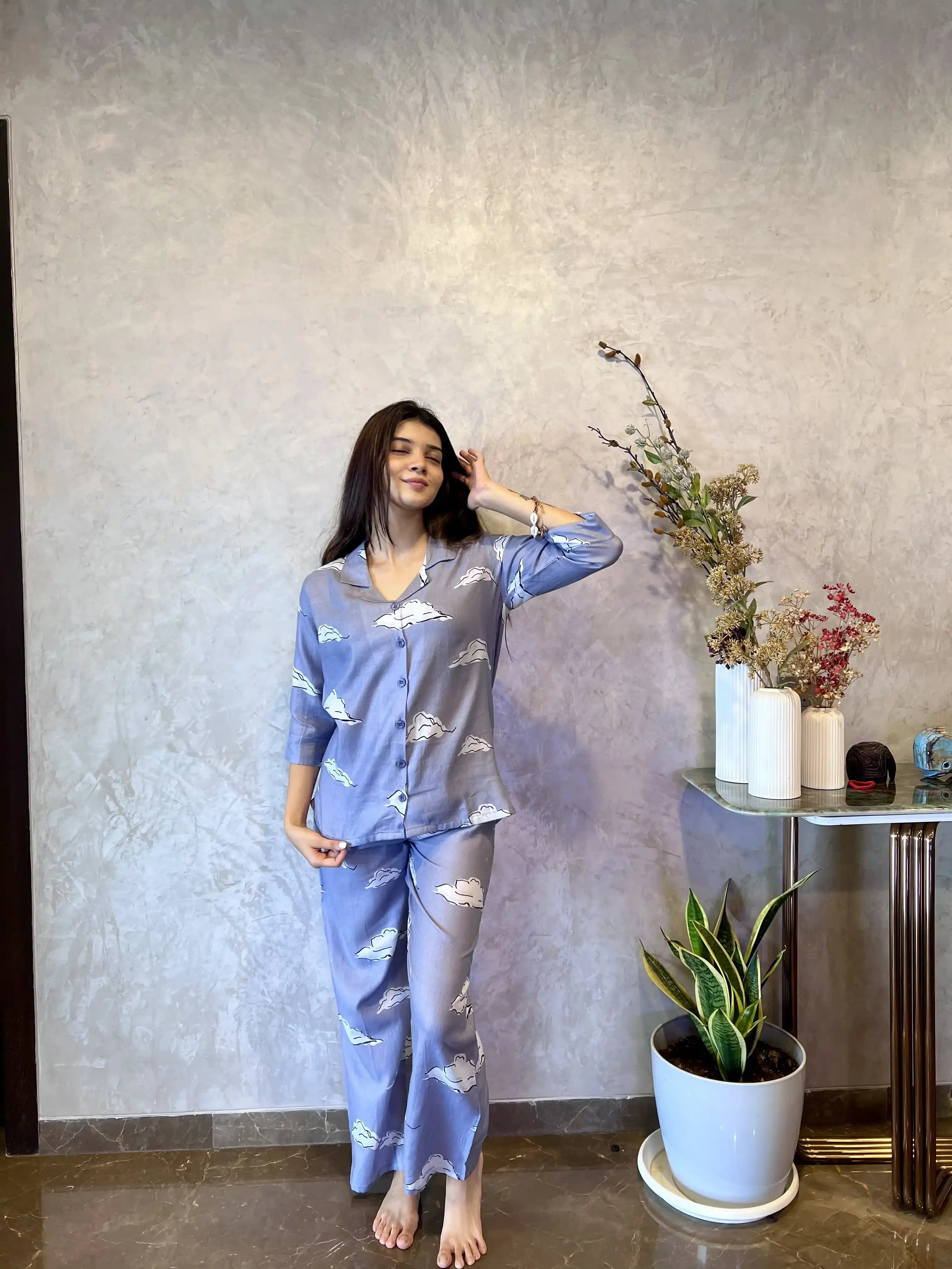 Velure Grey Cloud Print Cotton Night Suit - Velure - Shirt and Pant - 3/4 Sleeves, Collar Neck, Cotton, Front Button Open, Full Length Pant