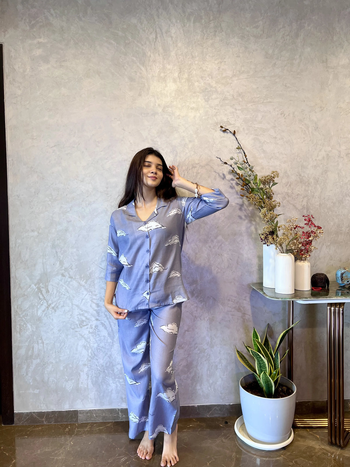Velure Grey Cloud Print Cotton Night Suit