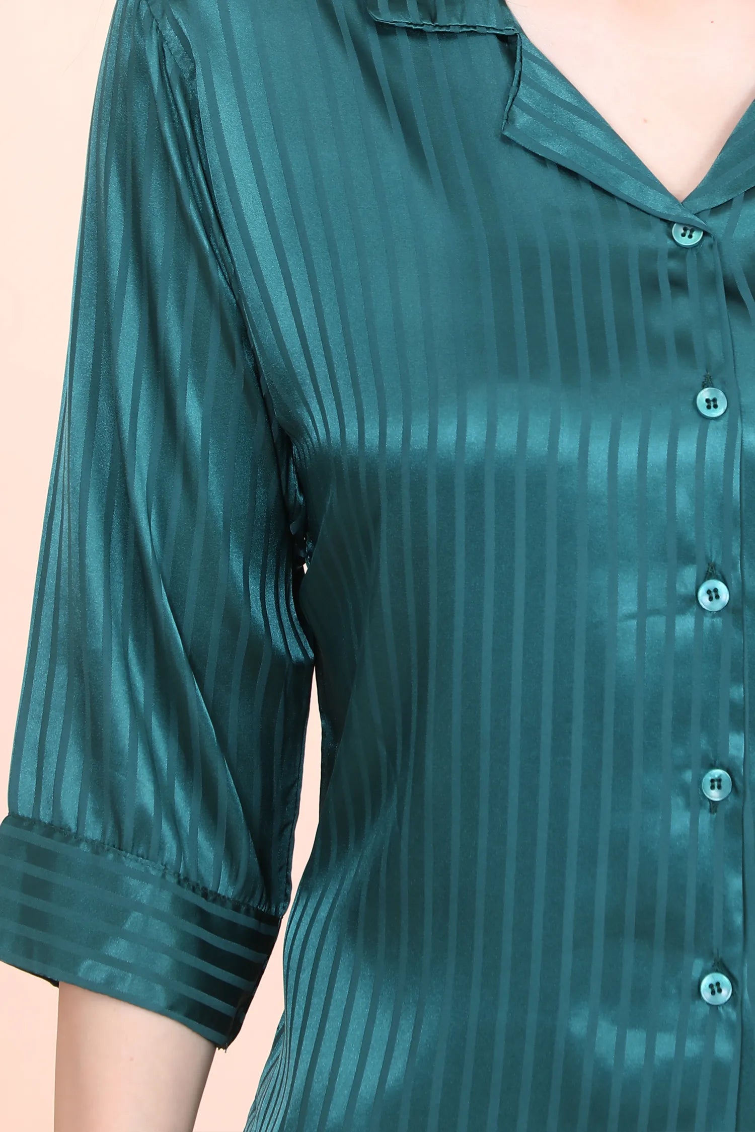 Velure Green Casual Stripes Satin Night Suit - Velure - - 3/4 Sleeves, Collar Neck, Front Button Open, Full Length Pant, Printed, Satin
