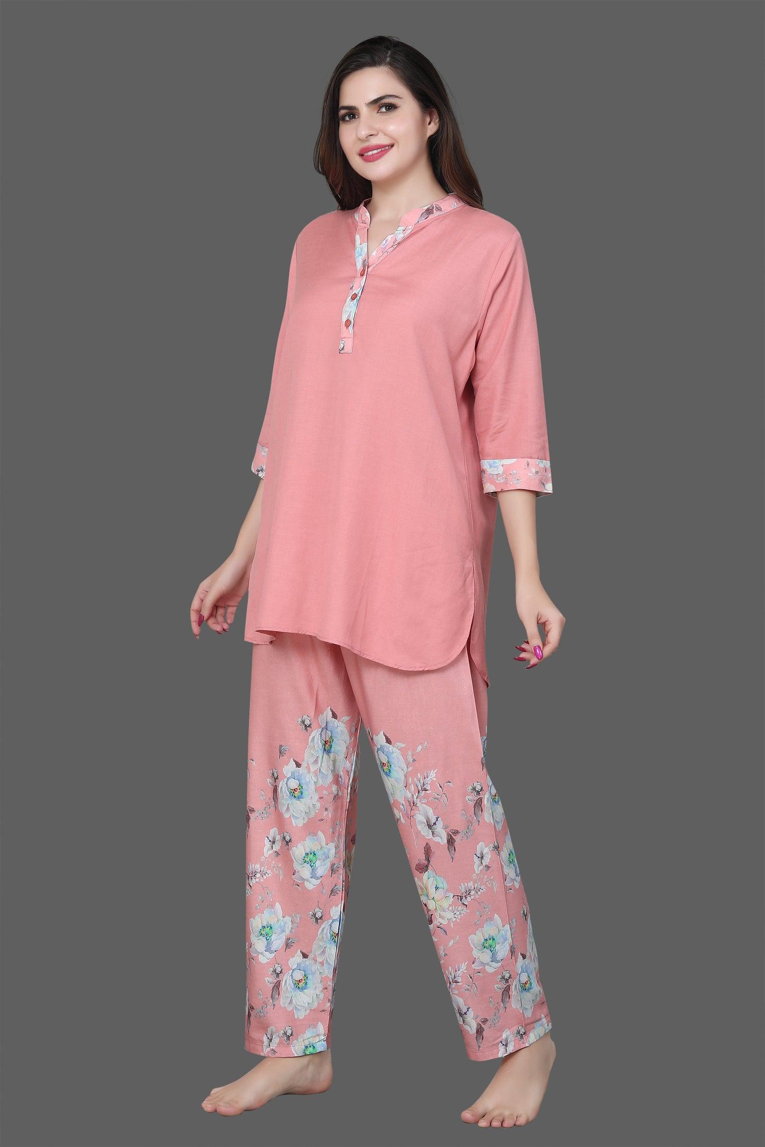 Velure Embellished Floral Print Kurti Style Night Suit - Velure - Long Top and Pant - 3/4 Sleeves, Collar Neck, Full Length Pant, Linen, Printed