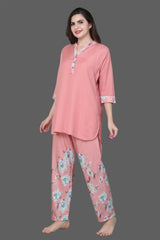 Velure Embellished Floral Print Kurti Style Night Suit - Velure - Long Top and Pant - 3/4 Sleeves, Collar Neck, Full Length Pant, Linen, Printed