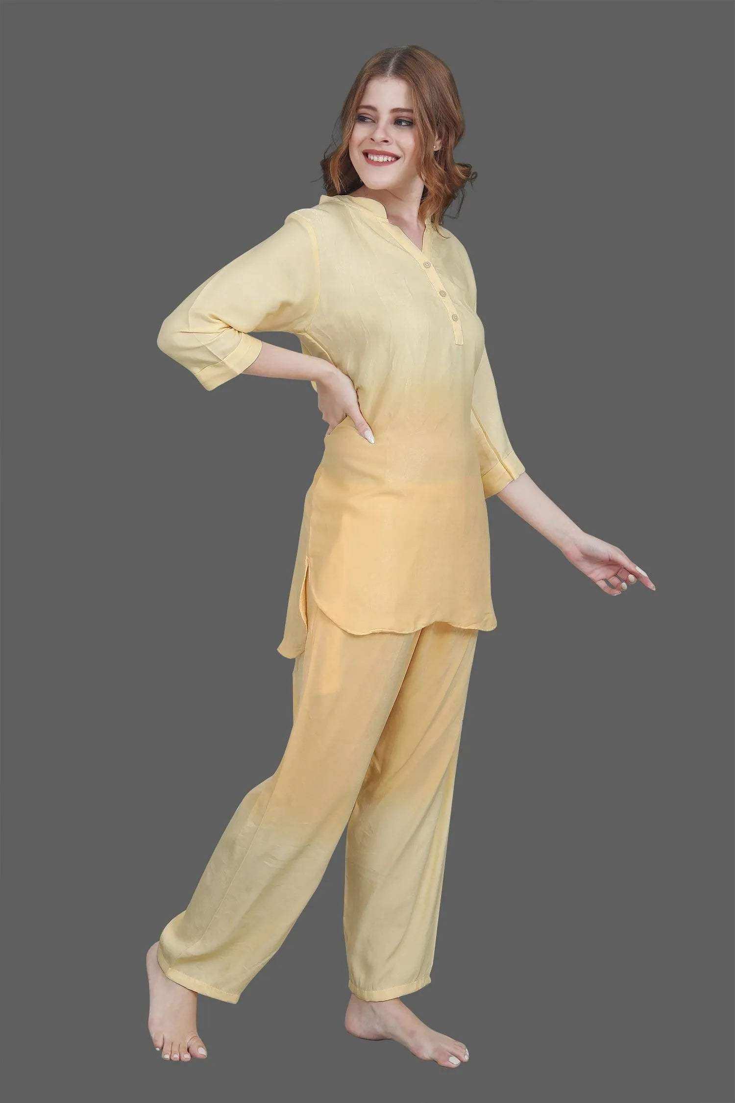 Velure Yellow Dual Shade Kurti Style Night Suit - Velure - - 3/4 Sleeves, Collar Neck, Cotton, Full Length Pant
