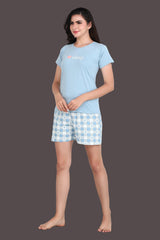 Velure Charming Blue Shorts Set - Velure - Short sets - Cotton Lycra Fabric, Half Sleeves, Printed, Round neck