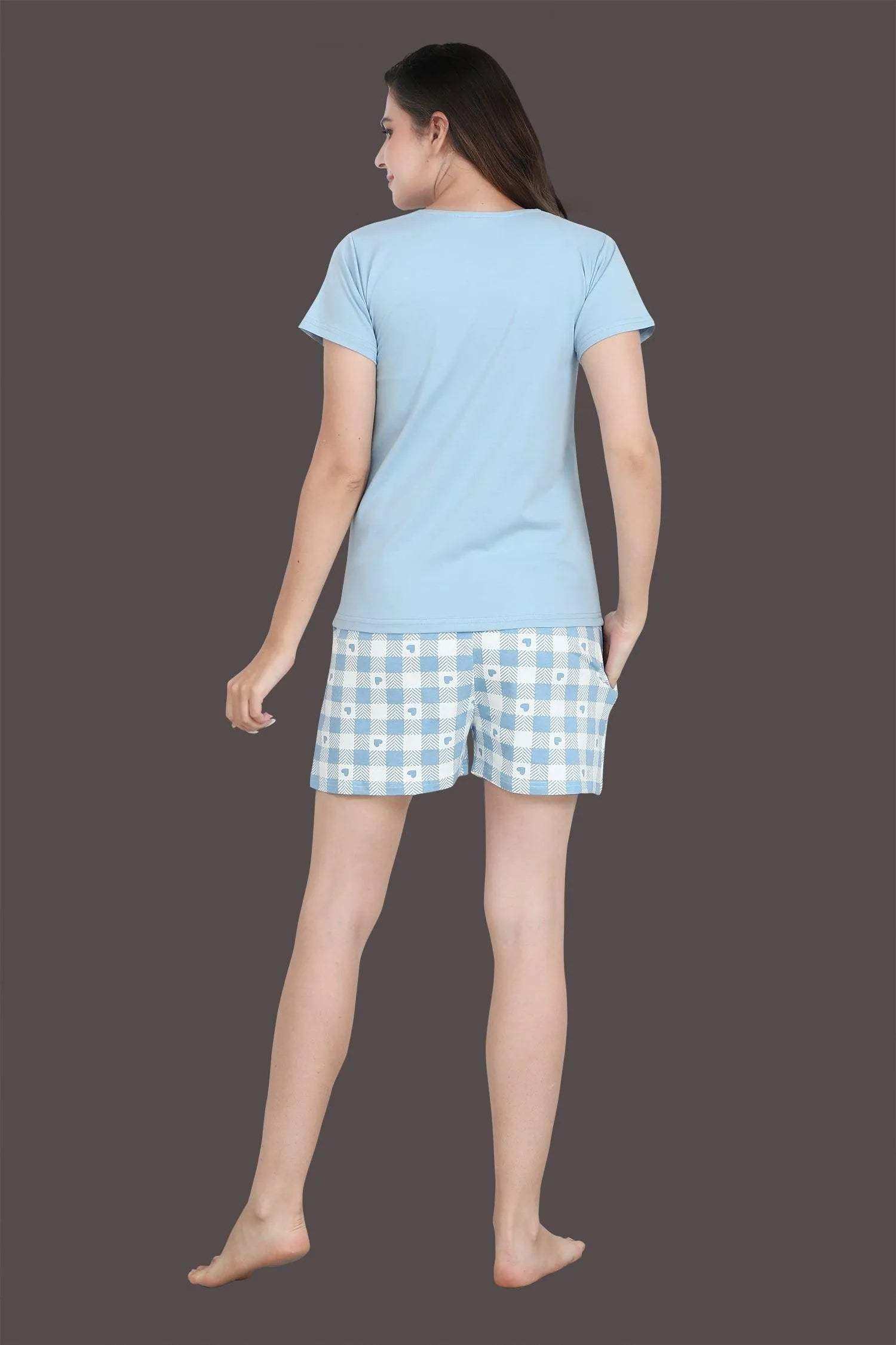 Velure Charming Blue Shorts Set - Velure - - Cotton Lycra Fabric, Half Sleeves, Printed, Round neck