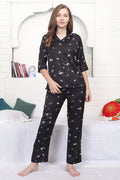 Velure Black Floral Print Satin Night Suit - Velure - - 3/4 Sleeves, Collar Neck, Front Button Open, Full Length Pant, Satin
