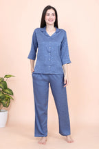 Velure Rose Textured Satin Night Suit - Velure - - 3/4 Sleeves, Collar Neck, Front Button Open, Full Length Pant, Printed, Satin