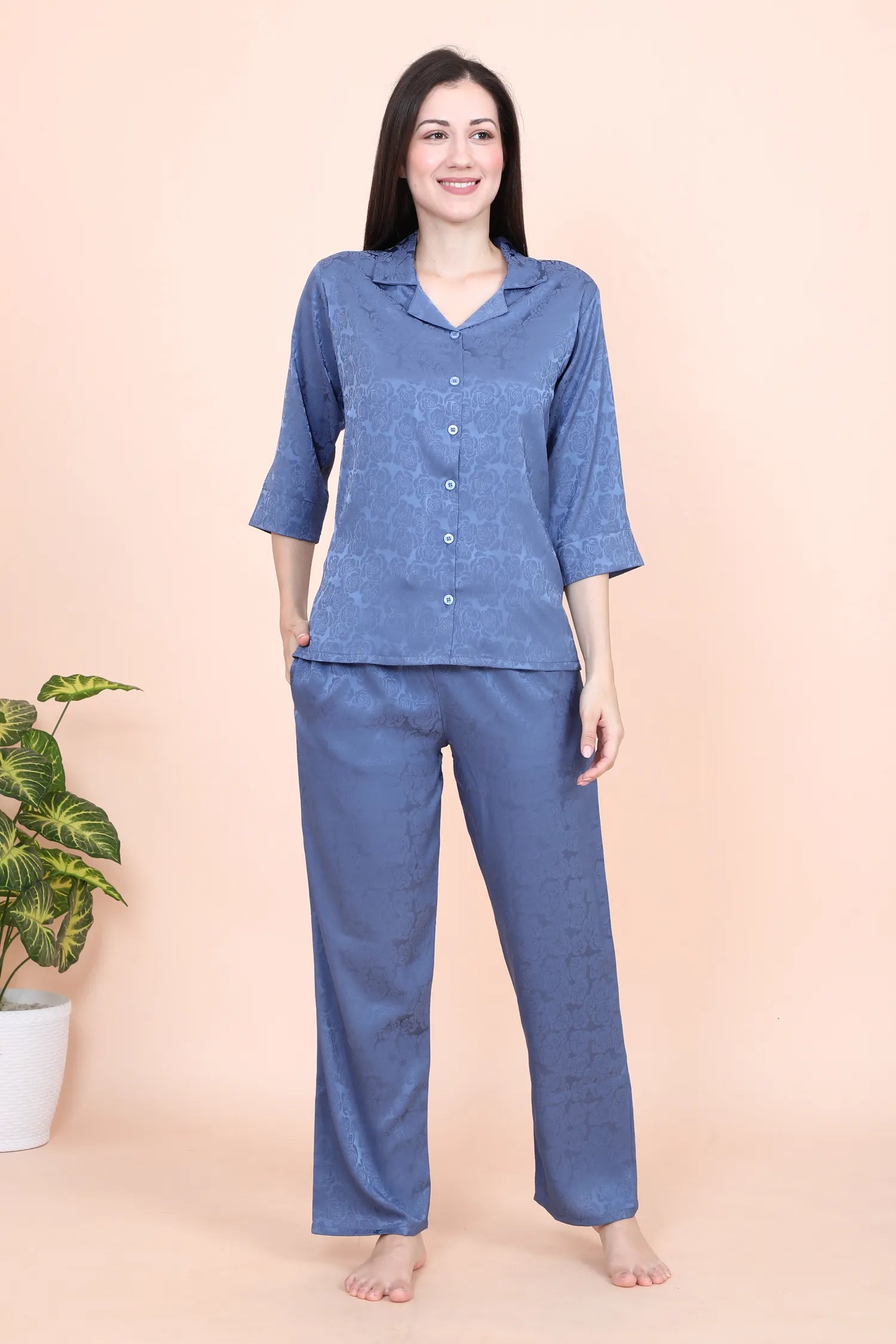 Velure Rose Textured Satin Night Suit - Velure - - 3/4 Sleeves, Collar Neck, Front Button Open, Full Length Pant, Printed, Satin
