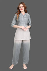 Velure Grey Dual Shade Kurti Style Night Suit - Velure - Long Top and Pant - 3/4 Sleeves, Collar Neck, Cotton, Full Length Pant