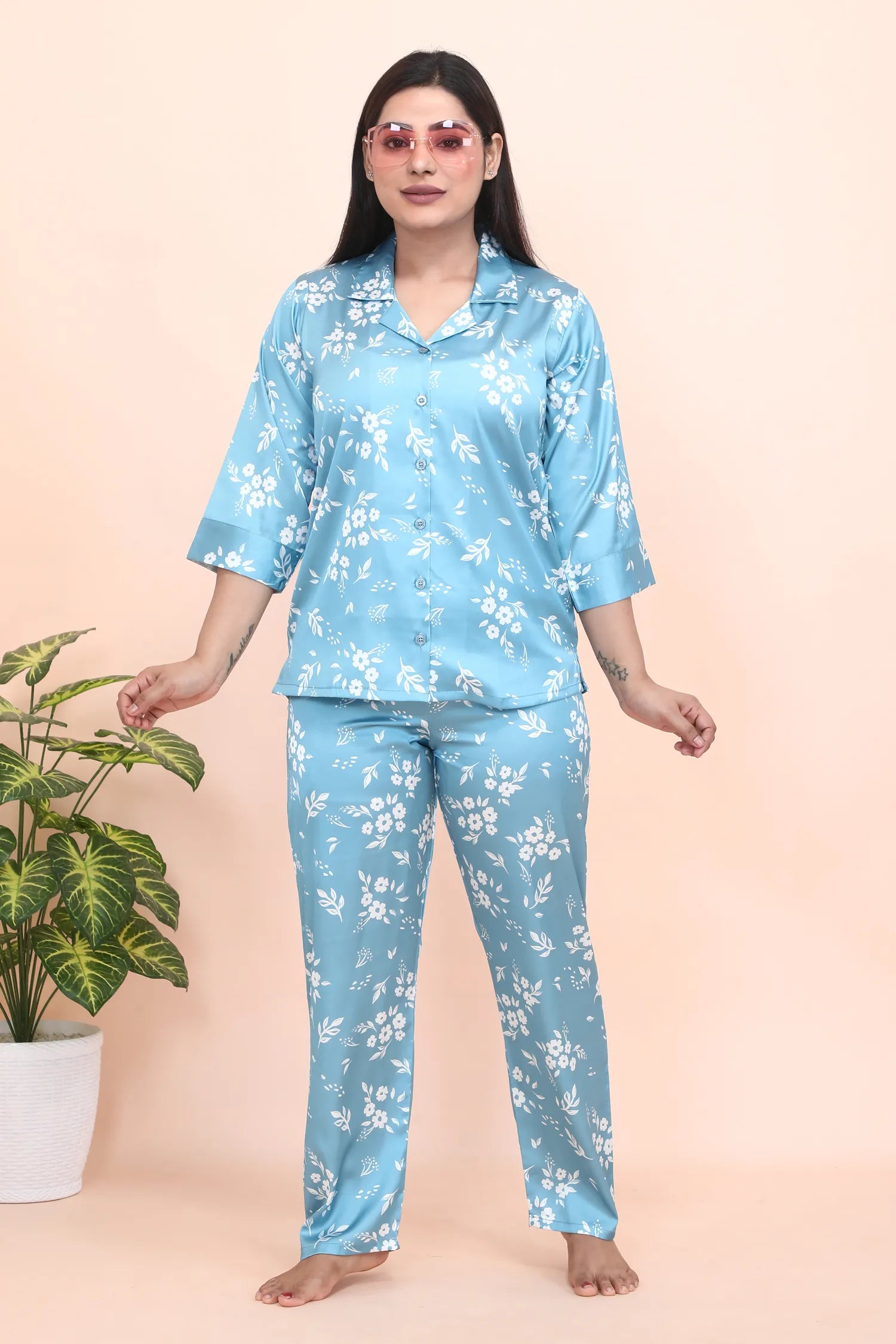 Velure Graceful Blue Floral Print Satin Night Suit - Velure - - 3/4 Sleeves, Collar Neck, Floral Print, Front Button Open, Full Length Pant, Satin