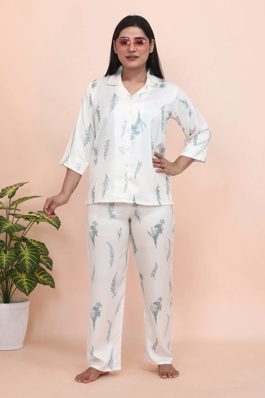 Velure Classic Floral Print Satin Night Suit - Velure - - 3/4 Sleeves, Collar Neck, Floral Print, Front Button Open, Full Length Pant, Satin