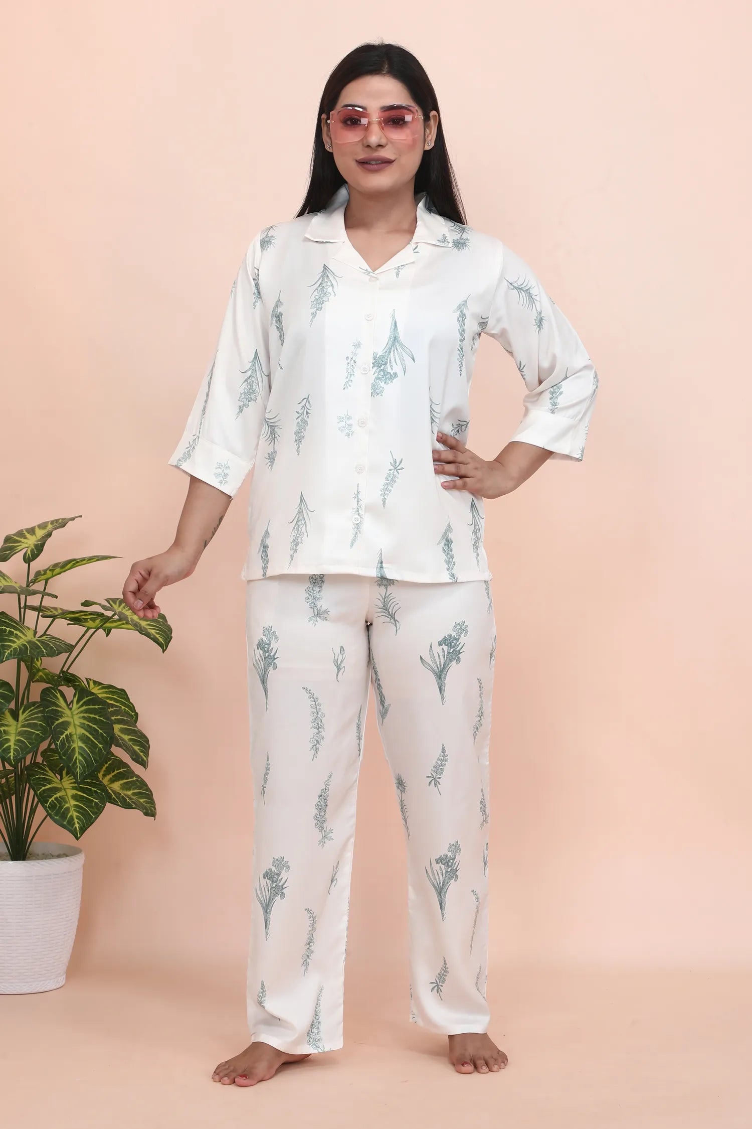Velure Classic Floral Print Satin Night Suit - Velure - - 3/4 Sleeves, Collar Neck, Floral Print, Front Button Open, Full Length Pant, Satin