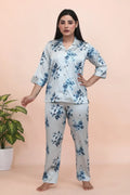 Velure Vintage Floral Print Satin Night Suit - Velure - - 3/4 Sleeves, Collar Neck, Floral Print, Front Button Open, Full Length Pant, Satin