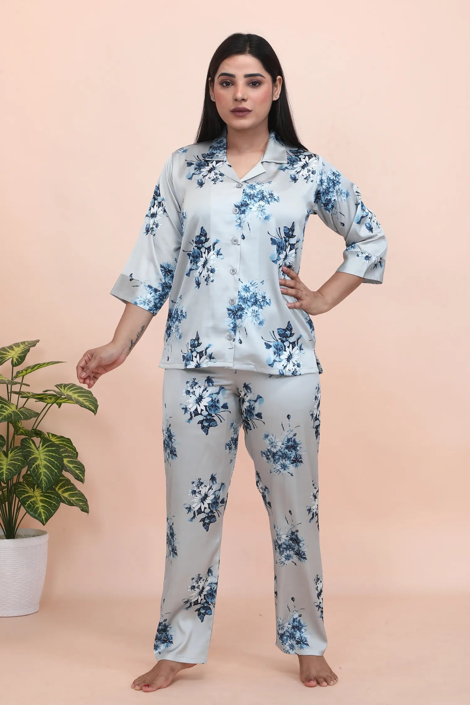 Velure Vintage Floral Print Satin Night Suit - Velure - - 3/4 Sleeves, Collar Neck, Floral Print, Front Button Open, Full Length Pant, Satin
