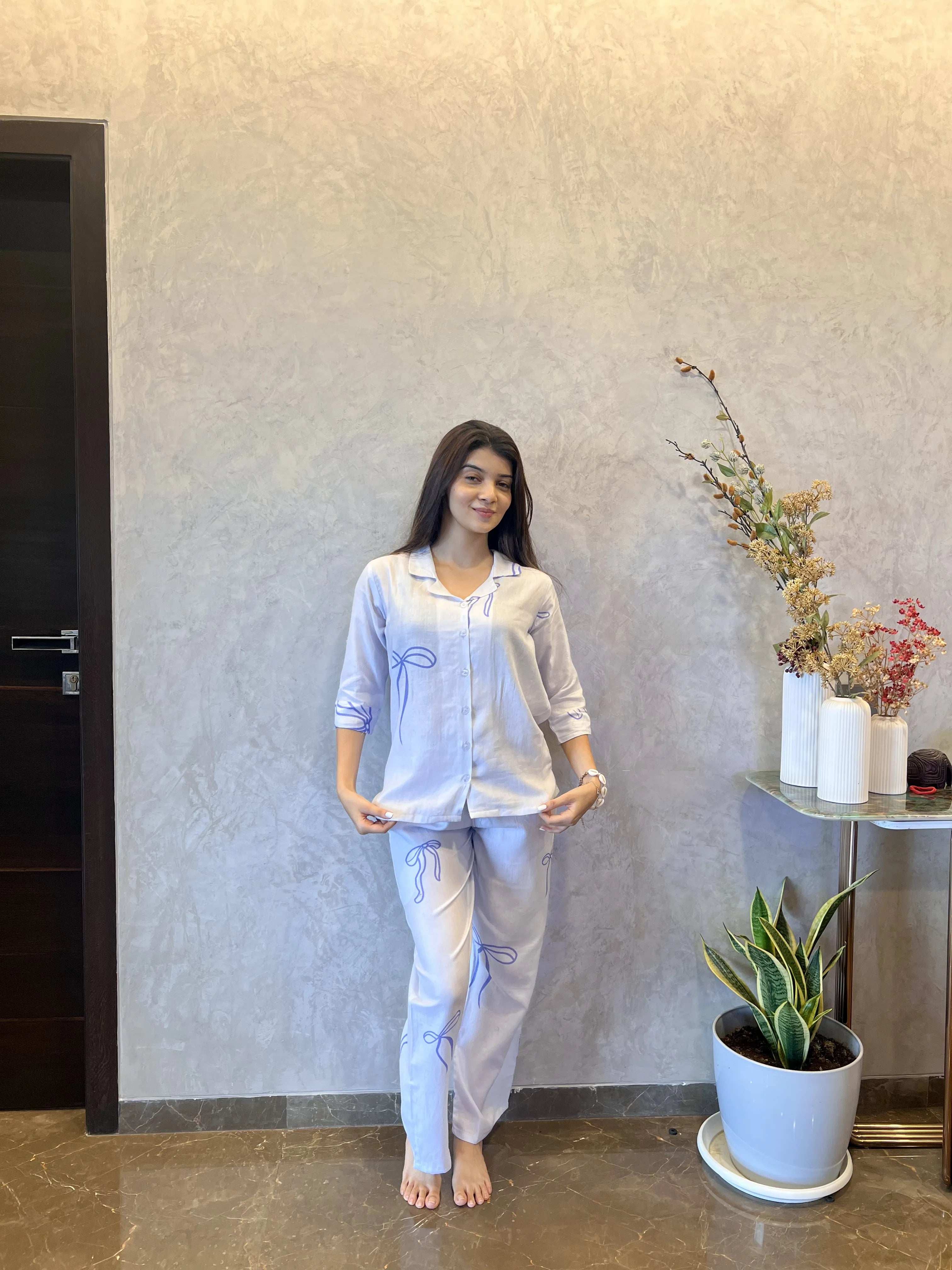 Velure Classic Bow Print Cotton Night Suit. - Velure - - 3/4 Sleeves, Collar Neck, Cotton, Front Button Open, Full Length Pant