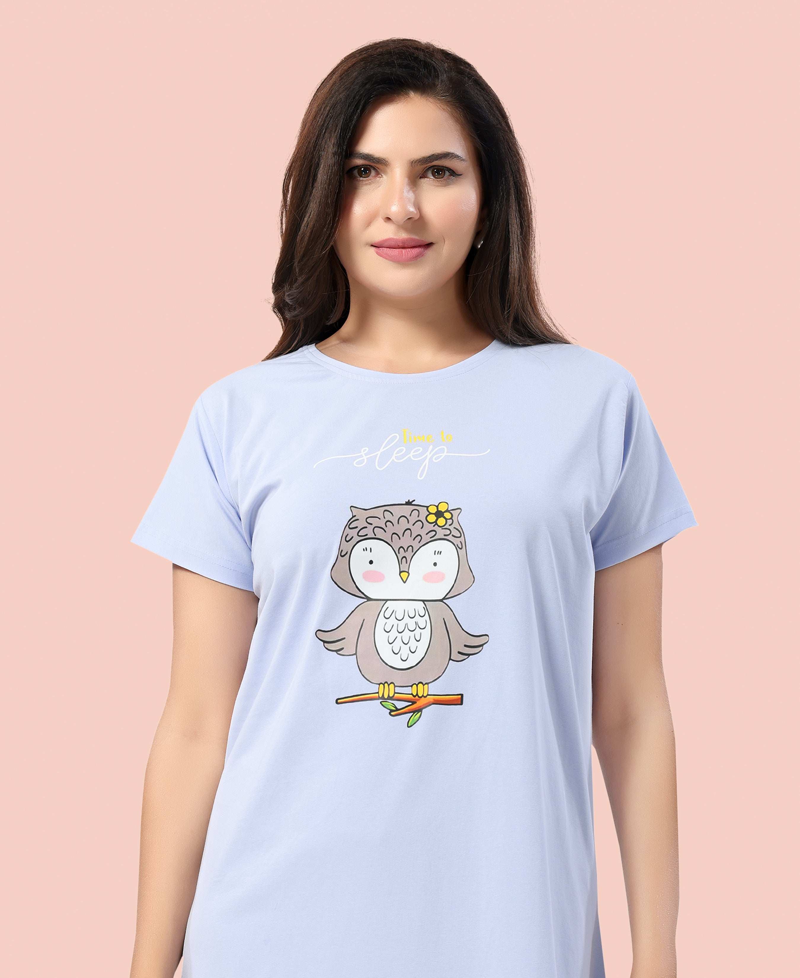 Velure Sleepy Owl Short Nighty - Velure - - Cotton, Half Sleeves, Knee Length, Printed, Round neck