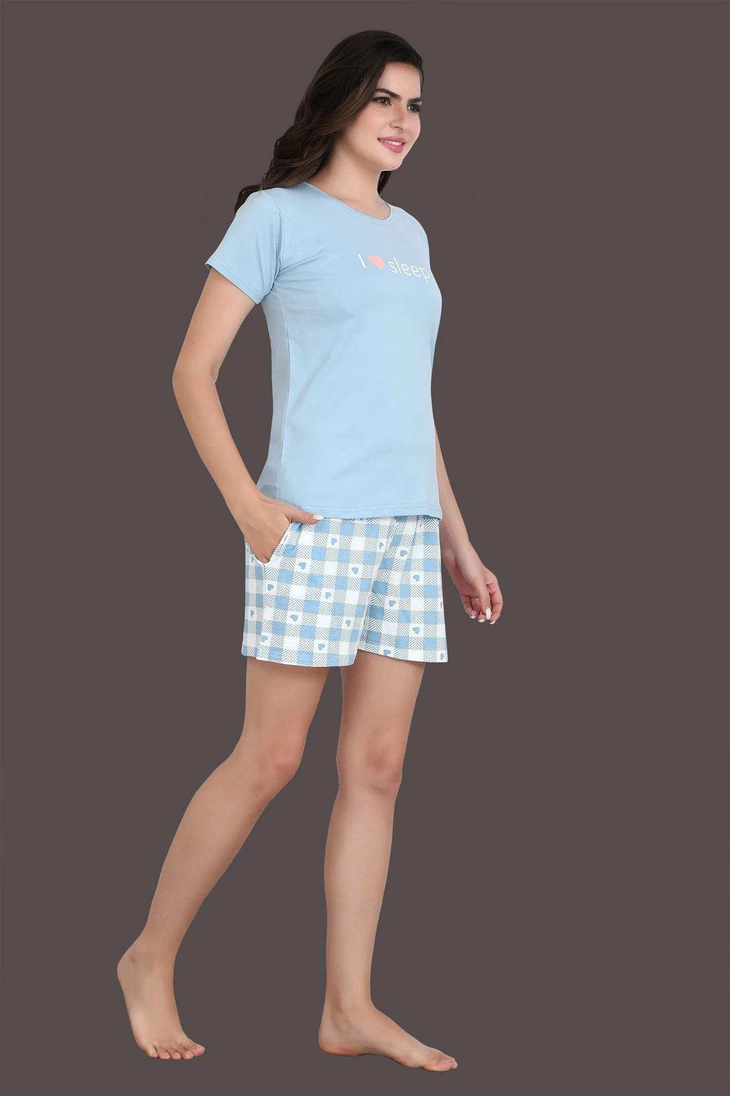 Velure Charming Blue Shorts Set - Velure - - Cotton Lycra Fabric, Half Sleeves, Printed, Round neck
