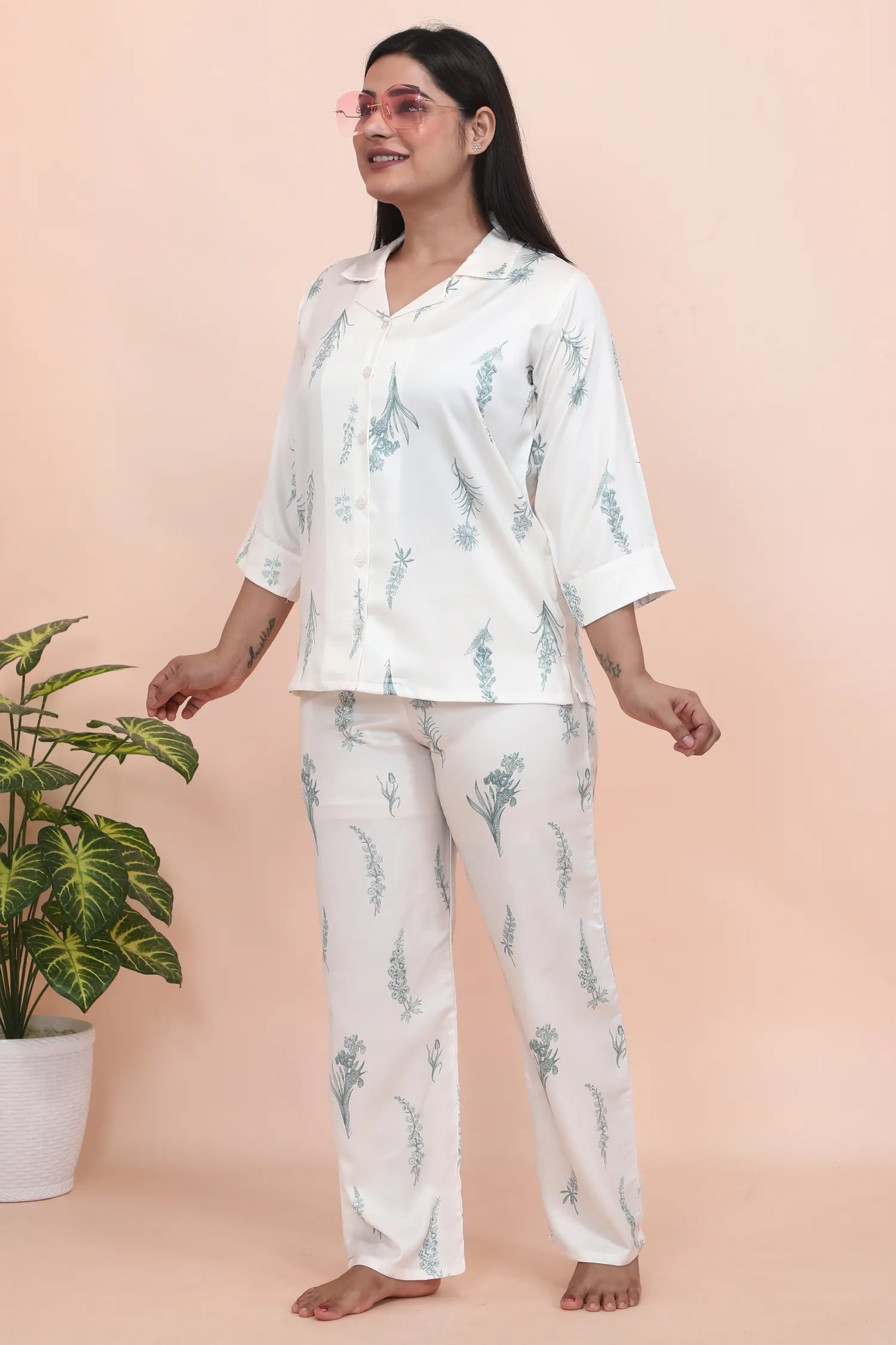 Velure Classic Floral Print Satin Night Suit - Velure - - 3/4 Sleeves, Collar Neck, Floral Print, Front Button Open, Full Length Pant, Satin