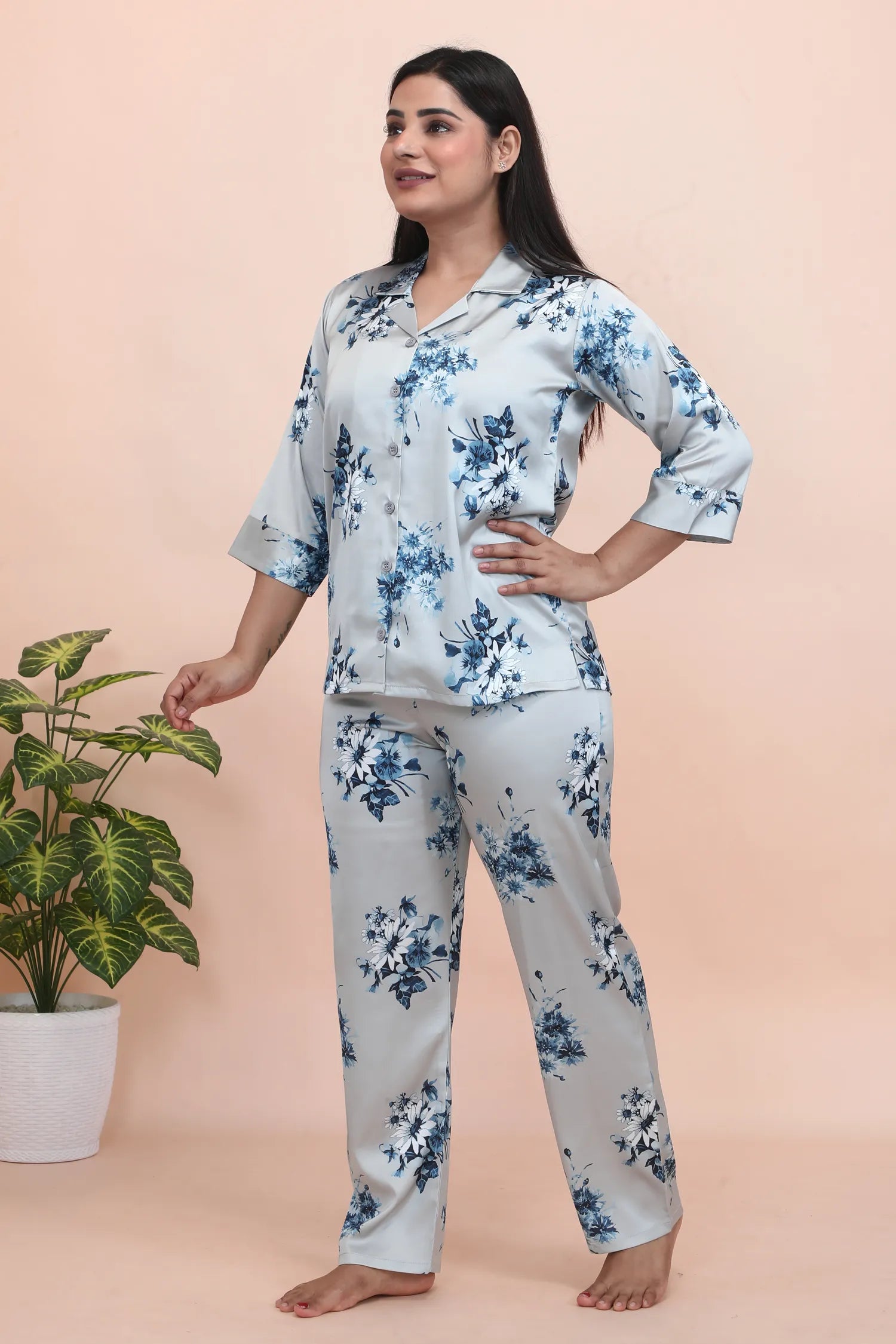 Velure Vintage Floral Print Satin Night Suit - Velure - - 3/4 Sleeves, Collar Neck, Floral Print, Front Button Open, Full Length Pant, Satin