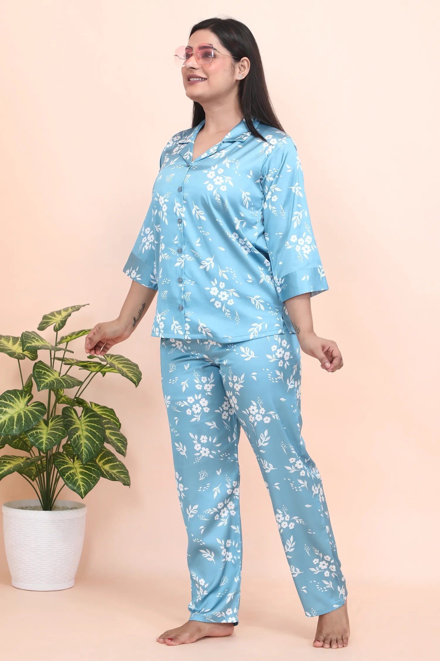 Velure Graceful Blue Floral Print Satin Night Suit - Velure - - 3/4 Sleeves, Collar Neck, Floral Print, Front Button Open, Full Length Pant, Satin