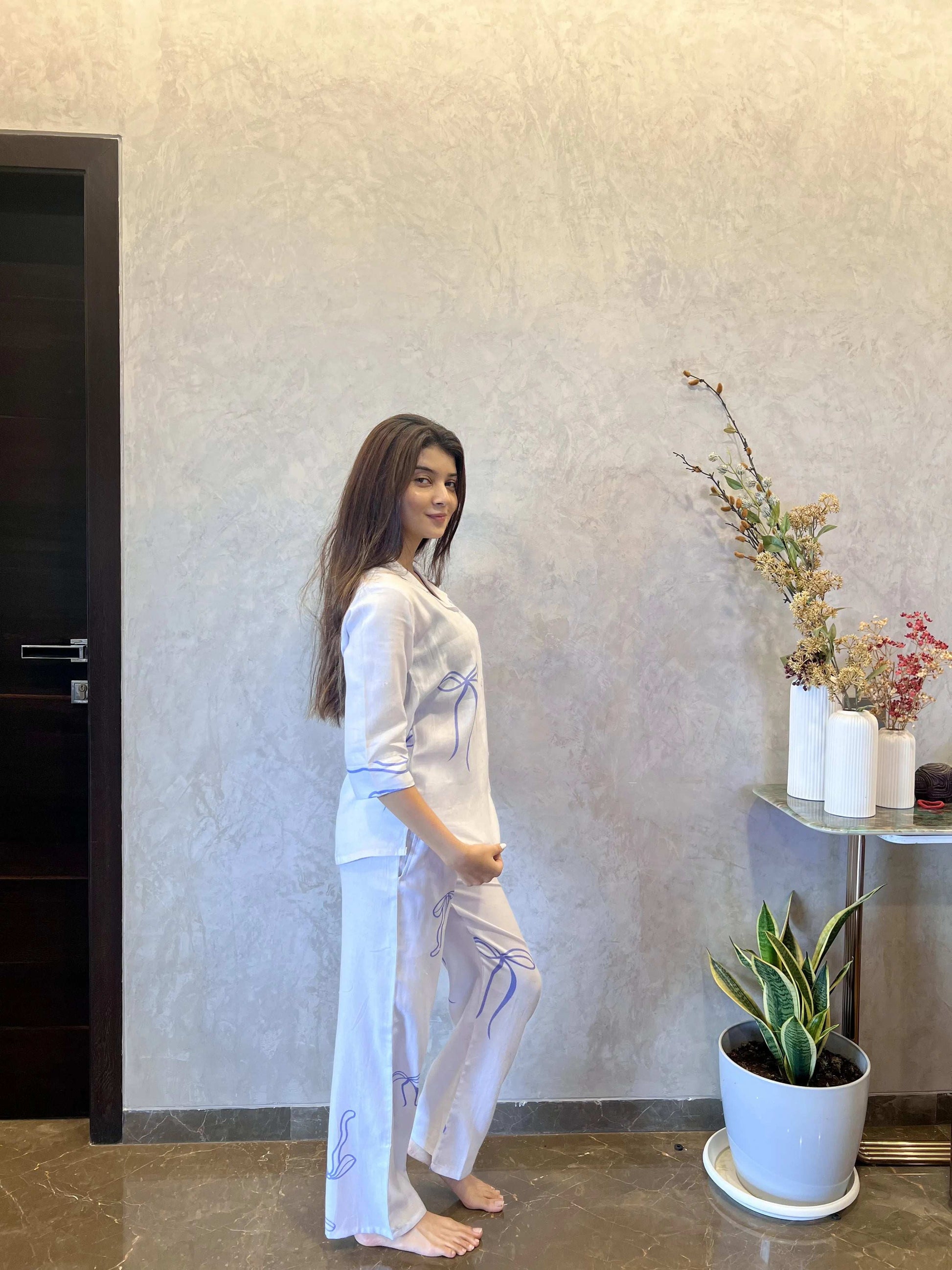 Velure Classic Bow Print Cotton Night Suit. - Velure - - 3/4 Sleeves, Collar Neck, Cotton, Front Button Open, Full Length Pant