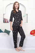 Velure Black Floral Print Satin Night Suit