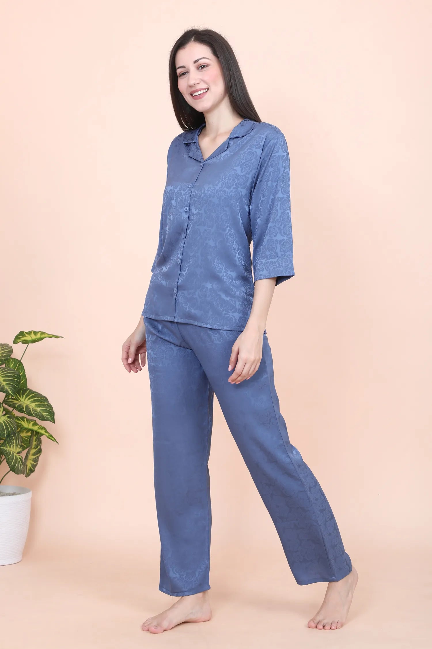 Velure Rose Textured Satin Night Suit - Velure - - 3/4 Sleeves, Collar Neck, Front Button Open, Full Length Pant, Printed, Satin