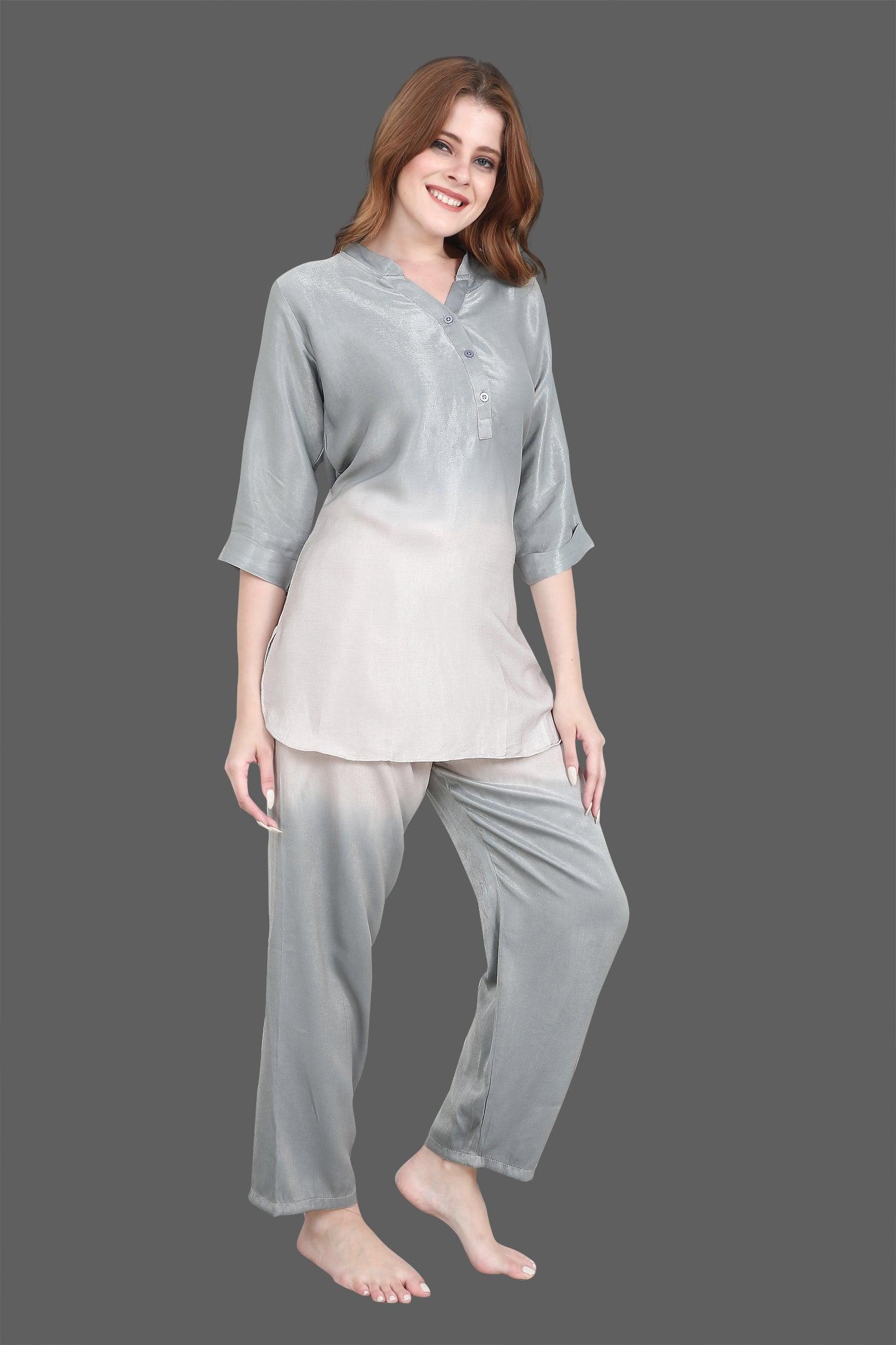 Velure Grey Dual Shade Kurti Style Night Suit - Velure - Long Top and Pant - 3/4 Sleeves, Collar Neck, Cotton, Full Length Pant