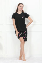Velure Black Shiny Stars Shorts Set - Velure - - Cotton Lycra Fabric, Half Sleeves, Printed, Round neck, Shorts
