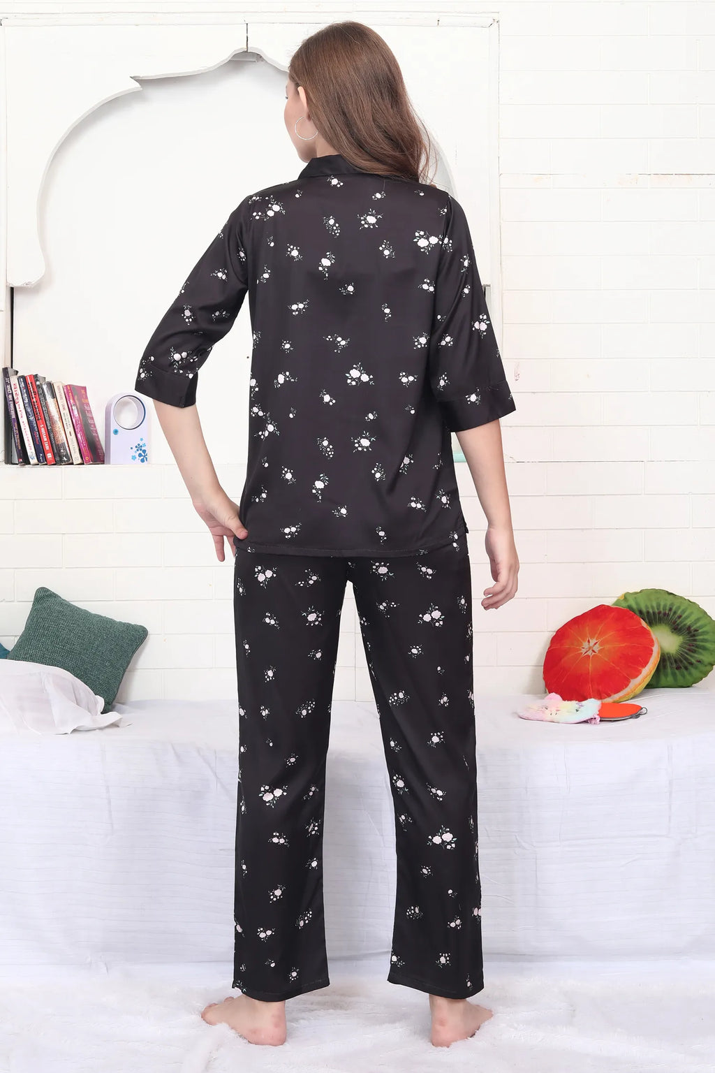 Velure Black Floral Print Satin Night Suit