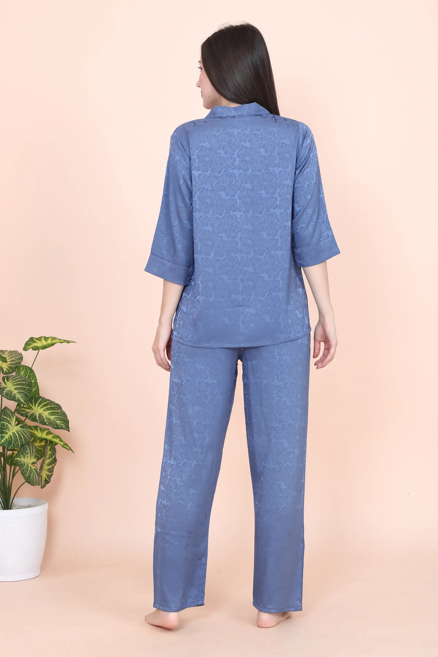 Velure Rose Textured Satin Night Suit - Velure - - 3/4 Sleeves, Collar Neck, Front Button Open, Full Length Pant, Printed, Satin