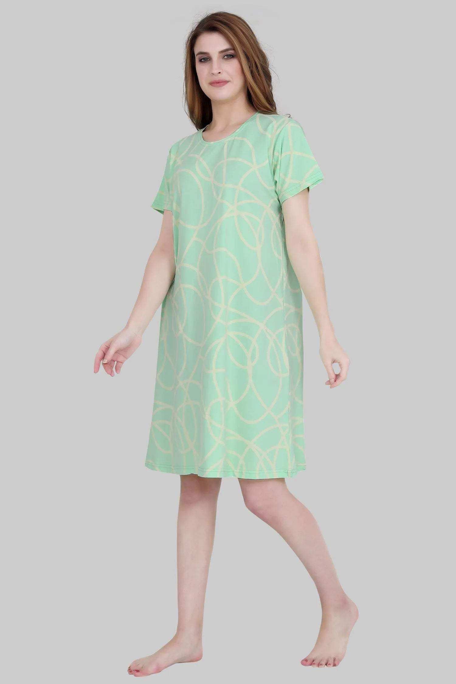 Velure Geometric Print Short Nighty - Velure - - 3/4 Sleeves, Cotton, Knee Length, Printed, Round neck