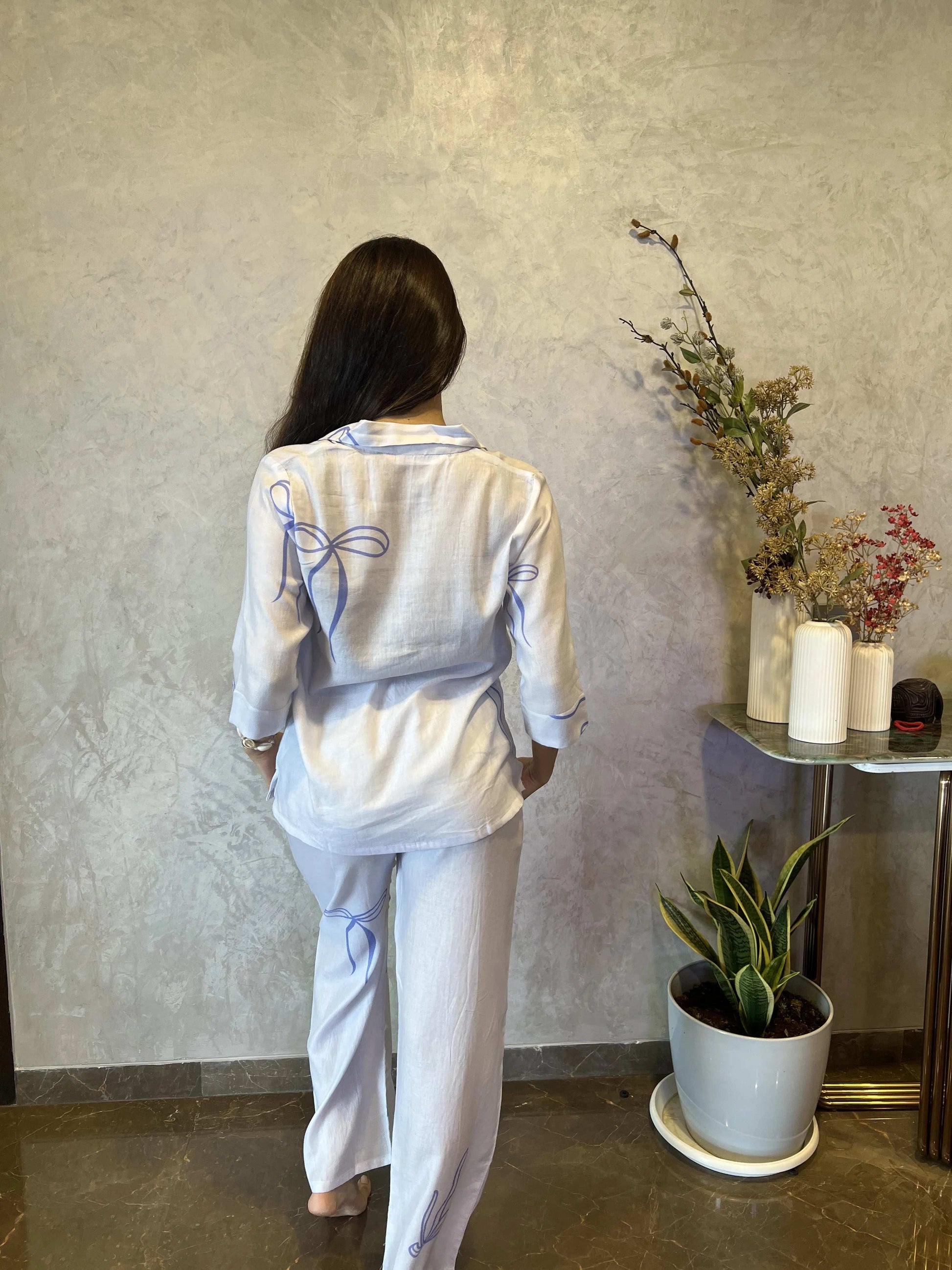 Velure Classic Bow Print Cotton Night Suit. - Velure - - 3/4 Sleeves, Collar Neck, Cotton, Front Button Open, Full Length Pant