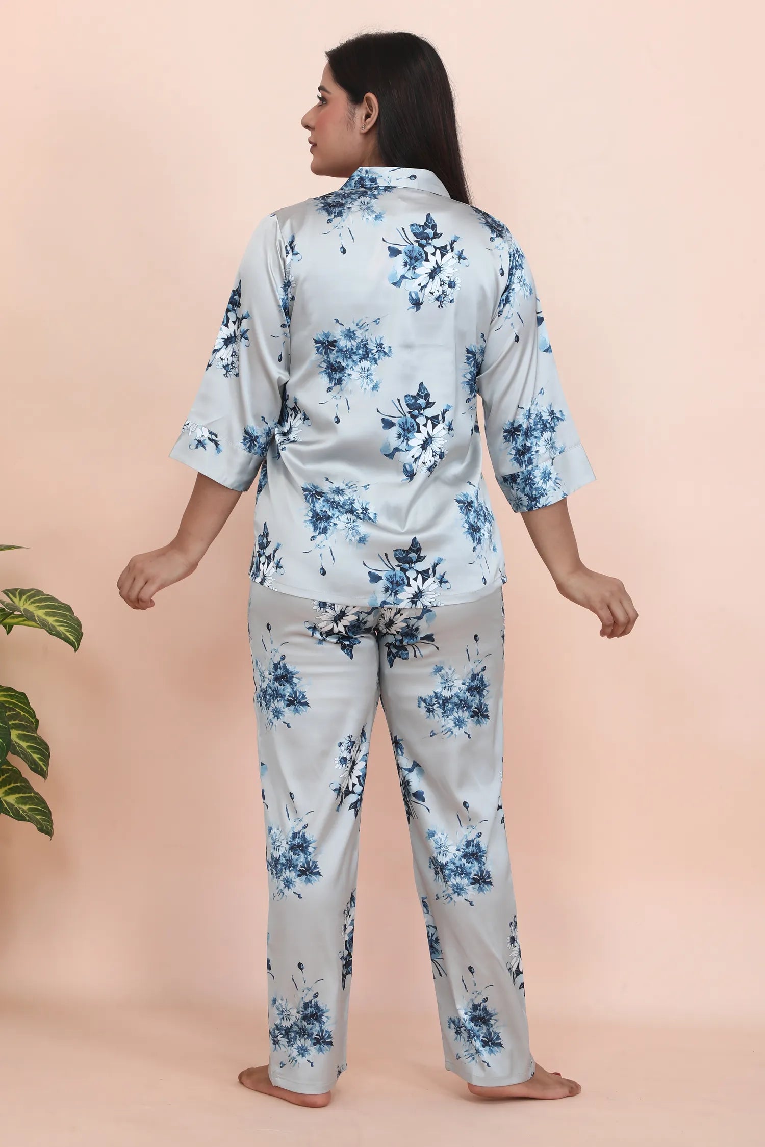 Velure Vintage Floral Print Satin Night Suit - Velure - - 3/4 Sleeves, Collar Neck, Floral Print, Front Button Open, Full Length Pant, Satin