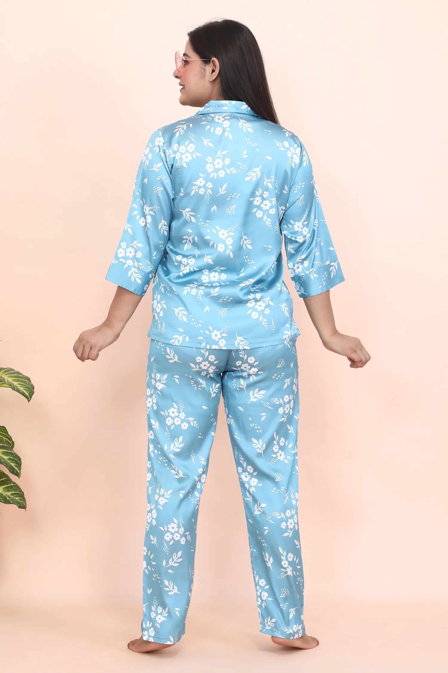 Velure Graceful Blue Floral Print Satin Night Suit - Velure - - 3/4 Sleeves, Collar Neck, Floral Print, Front Button Open, Full Length Pant, Satin