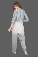 Velure Grey Dual Shade Kurti Style Night Suit - Velure - Long Top and Pant - 3/4 Sleeves, Collar Neck, Cotton, Full Length Pant