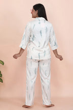 Velure Classic Floral Print Satin Night Suit - Velure - - 3/4 Sleeves, Collar Neck, Floral Print, Front Button Open, Full Length Pant, Satin