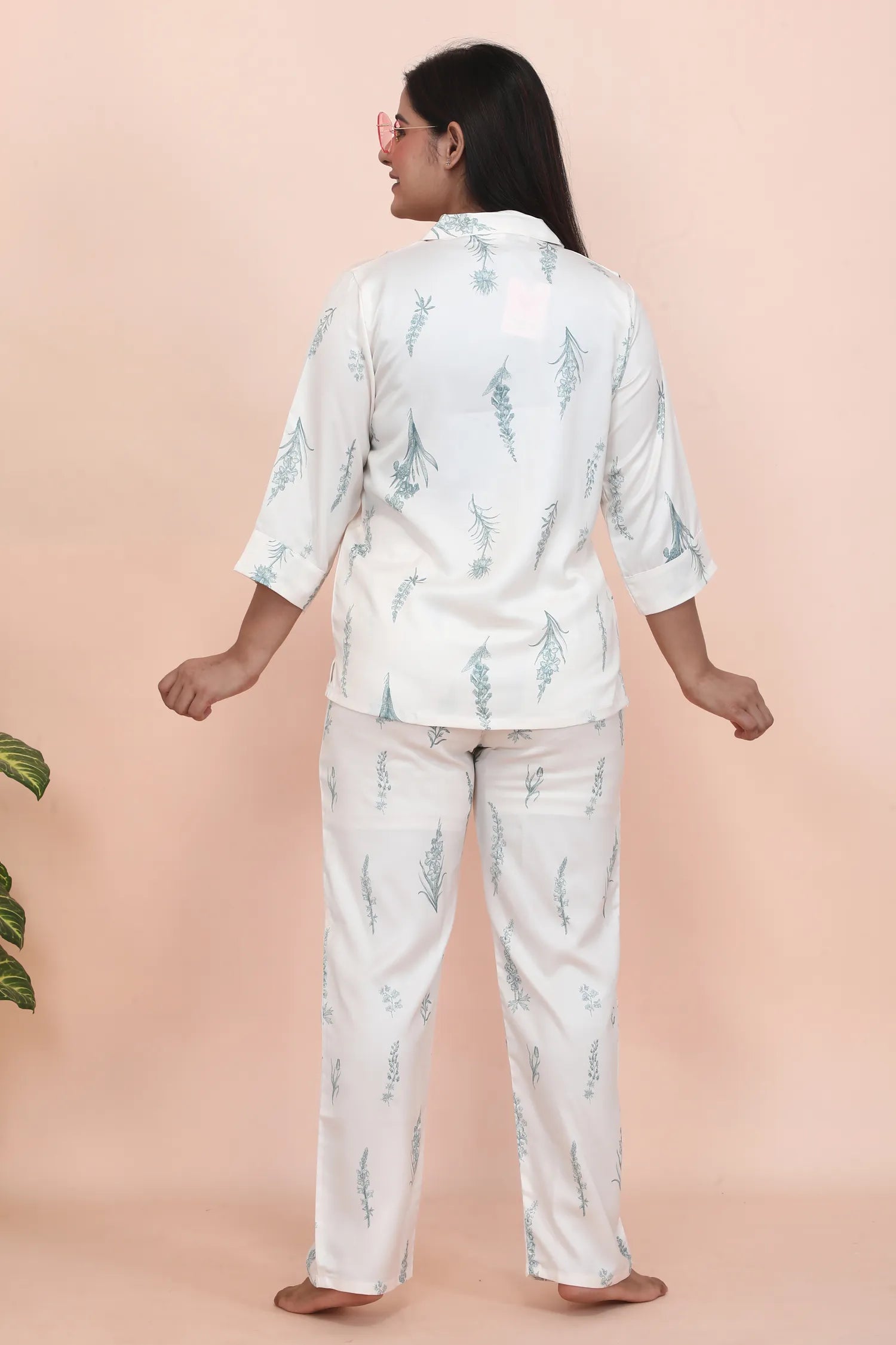Velure Classic Floral Print Satin Night Suit - Velure - - 3/4 Sleeves, Collar Neck, Floral Print, Front Button Open, Full Length Pant, Satin
