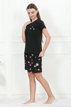 Velure Black Shiny Stars Shorts Set - Velure - - Cotton Lycra Fabric, Half Sleeves, Printed, Round neck, Shorts