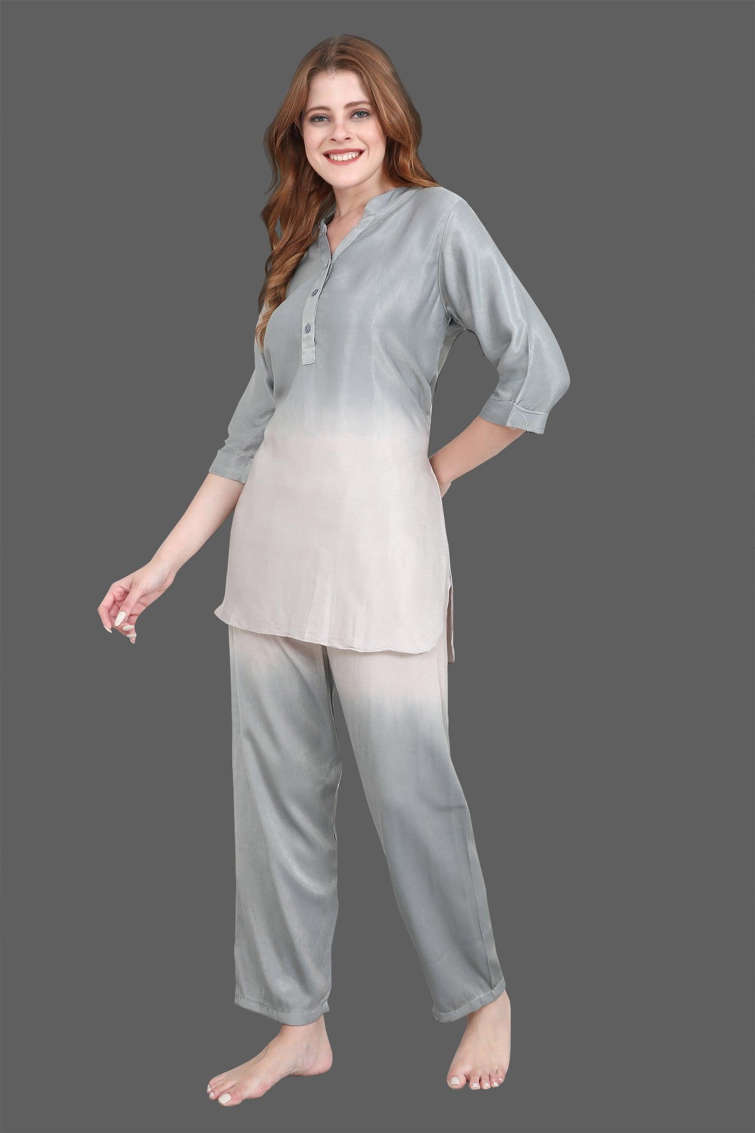 Velure Grey Dual Shade Kurti Style Night Suit - Velure - Long Top and Pant - 3/4 Sleeves, Collar Neck, Cotton, Full Length Pant